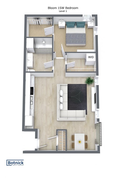 Floor plan for 1 bed, 1 bath, 705 sqft